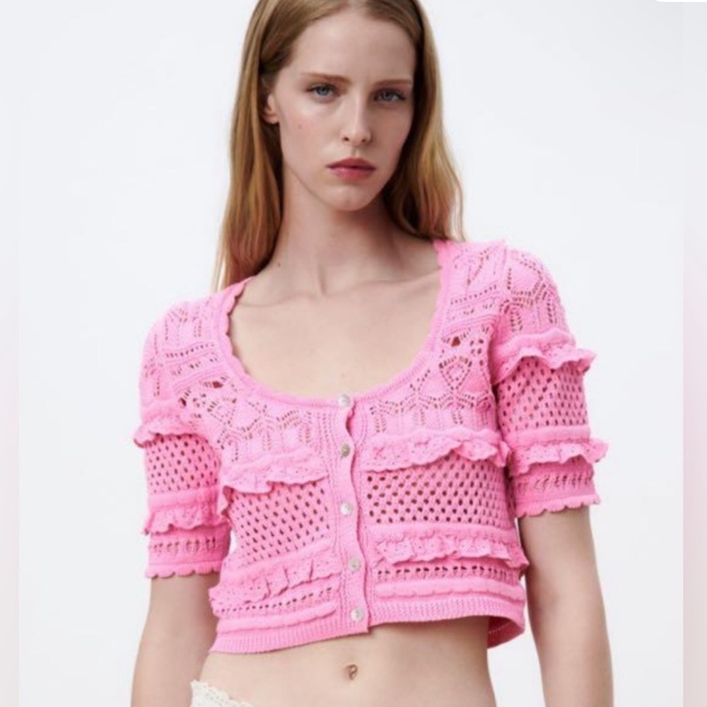 ZARA Pink Pointelle Frilly Cropped Knit Sweater Cardigan